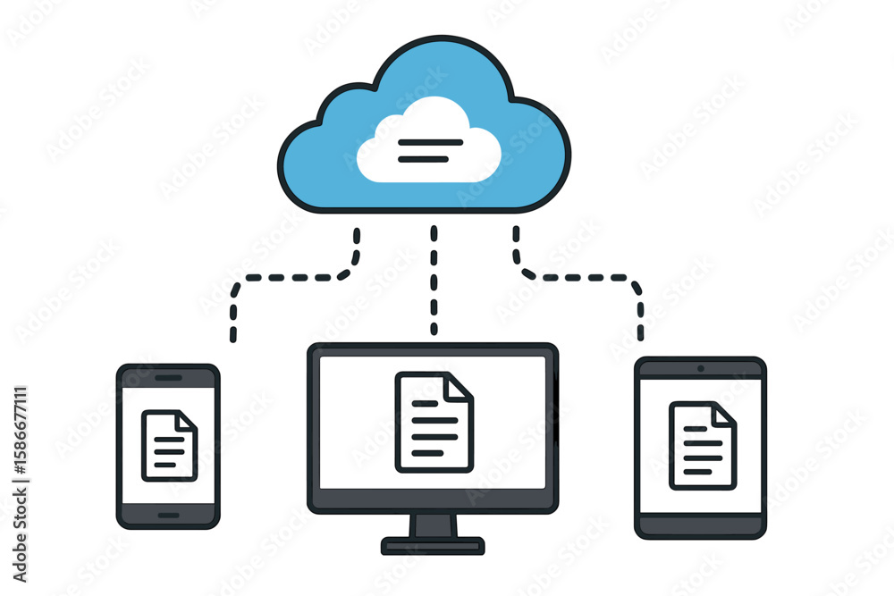 Poster cloud storage technology concept. data sharing and synchronization with smartphone, tablet, and comp