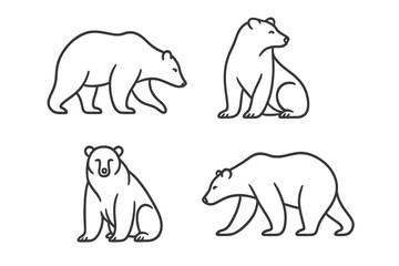 Bear line art set. Minimalist wild animal vector illustration collection. Simple outline icons of walking and sitting grizzly bears for logo design. Elegant, modern poses.