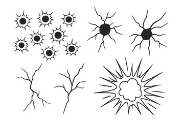 Bullet holes, cracks, and explosion vector set. Line art collection of destruction and damage effects. Graphic impact marks for shattered glass or broken wall designs.