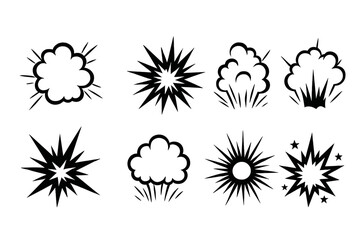Black explosion effects vector icons set. Comic book style burst and bomb flash symbols for animation and print. Dynamic energy impact visuals isolated on white background.