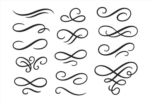 Elegant calligraphic swirls and swooshes. Vector flourishes for logo design and decoration. Set of vintage ornamental filigree dividers for typography and graphic design.