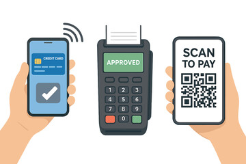 Mobile payment vector set. Contactless NFC credit card payment via smartphone. POS terminal transaction approved. Hand holding phone to scan QR code for purchase concept.