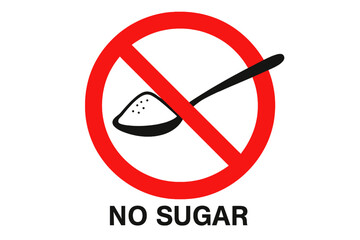 Red Prohibitory Sign with Crossed Out Spoon of Sugar, No Sugar Added, Sugar-Free Diet Concept, Stop Weight Gain, Diabetes Prevention, Healthy Lifestyle, Food Restriction Symbol
