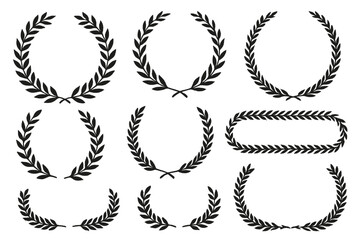 Laurel Wreath Vector Silhouettes Collection – Ancient Roman and Greek Victory Award Symbols, Elegant Achievement Borders, Decorative Circular Patterns, Black Flat Design Icons Pack