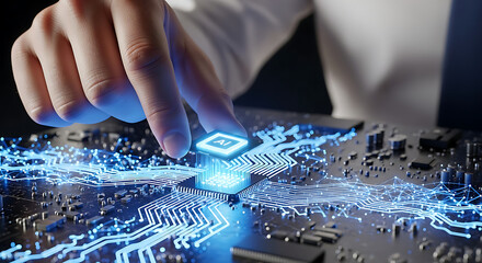 Hand carefully placing a microprocessor onto a circuit board, showcasing advanced technology and digital innovation.