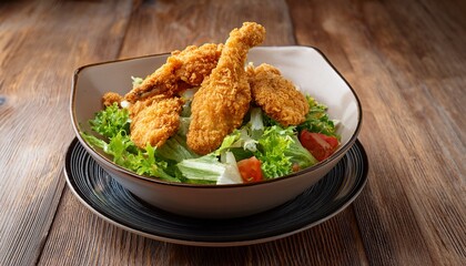Fototapeta premium a bowl of chicken salad with deep fried golden brown chicken strips on top