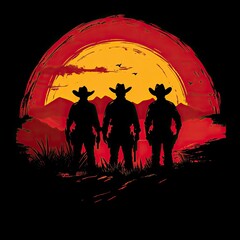 Naklejka premium Western cowboys silhouettes sunset desert. Graphic design