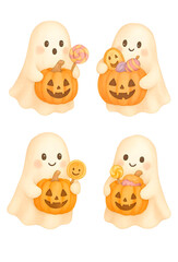 Ghosts with Jack-o&rsquo;-Lanterns and Treats &ndash; Halloween Watercolor Set