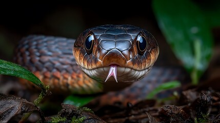 Obraz premium Elegant snake with tongue in dark forest wildlife scene 