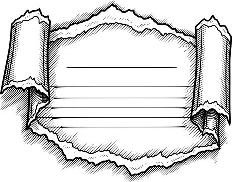 Torn paper label with curled edges and rips, hand-drawn style