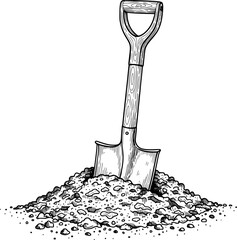 Garden shovel in compost-rich soil, hand-drawn style