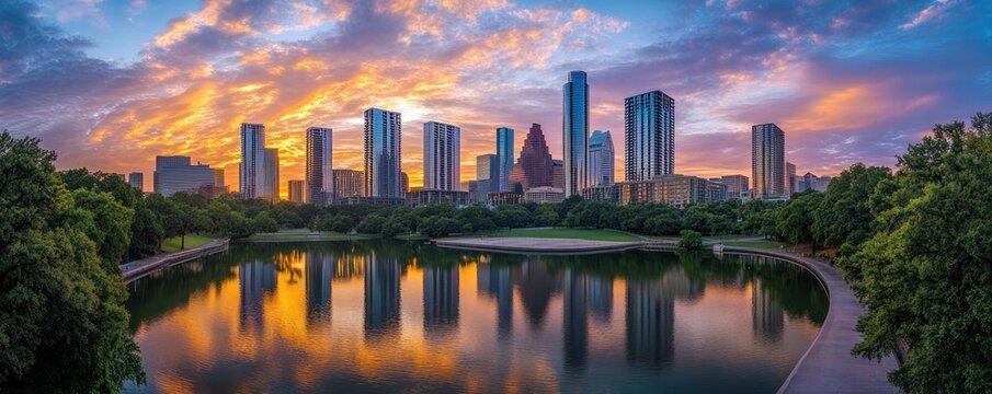 Austin Skyline at Sunrise: A Panoramic View of Lady Bird Lake