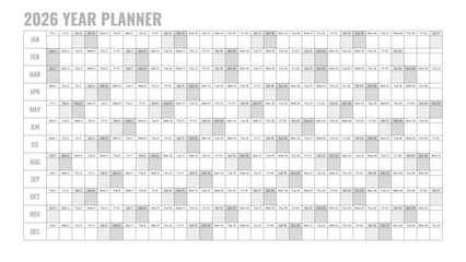 2026 Calendar Year Planner Featuring a Full Year Layout in a Vertical Format, Simple Design Ideal for Scheduling and Organizing Activities, Vector Illustration for Practical Use.