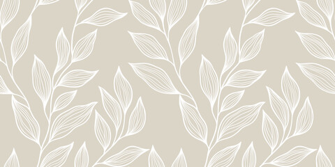 Vector Illustration Background Featuring Elegant Beige and White Leaf Outline Pattern with Seamless Design Suggesting Natural Sophistication and Minimalistic Aesthetics Suitable for Various Projects.
