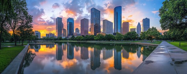 Houston Skyline at Sunset: Majestic Cityscape Reflected in Tranquil Waters