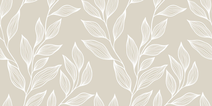 Vector Illustration Background Featuring Elegant Beige and White Leaf Outline Pattern with Seamless Design Suggesting Natural Sophistication and Minimalistic Aesthetics Suitable for Various Projects.