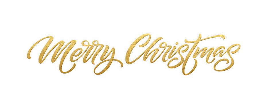 Vector Illustration of a Merry Christmas Calligraphy Text Created with Golden Effects on a White Background, Depicting Festive and Elegant Holiday Greetings