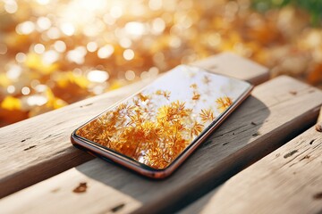 AR health app interface projected on smartphone surrounded by autumn foliage