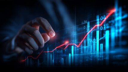 A forward thinking financial growth concept depicted by a hand steering an ascending red trend line across data charts.
