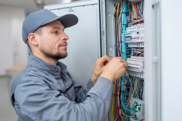 Electrician performing maintenance on control panel in commercial building during daylight hours