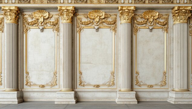 Elegant Palace Wall with Golden Accents and Marble Columns