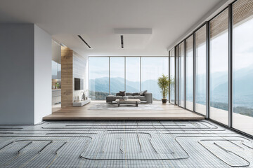 Modern living room with large windows offering mountain views and underfloor heating system installed