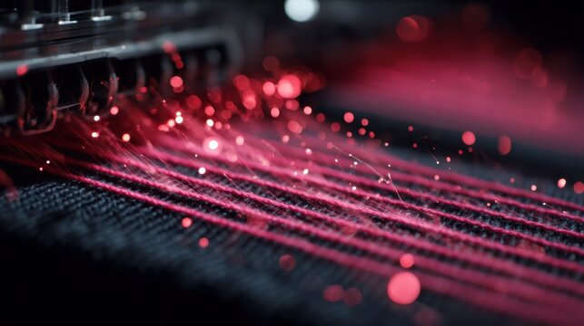 Automated industrial knitting machine meticulously weaving red threads into compression garments, sparks flying during the process, ensuring precise tension and uniform quality - Powered by Adobe