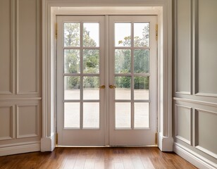 Fototapeta premium a french door with clear glass panes and a white trim leading to an empty room