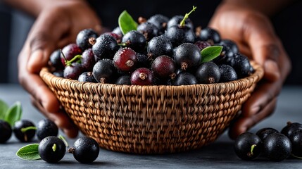Close-up of hands holding a wicker basket filled with fresh blackcurrants covered in water droplets, symbolizing organic harvest and natural health.