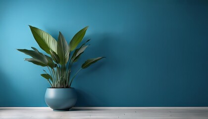 green indoor plant in modern pot against blue wall background