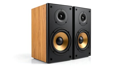 Wooden speakers against white background
