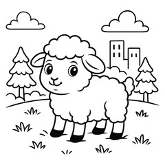 Cartoon sheep in a rural landscape coloring page, Cheerful lamb standing in a field surrounded by nature illustration