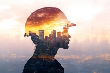 Silhouette of a Woman in Hard Hat with Cityscape Double Exposure at Sunset