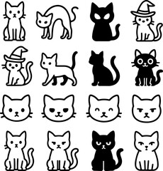Collection of cute and spooky cartoon cat illustrations in various poses and expressions perfect for halloween or pet themed designs