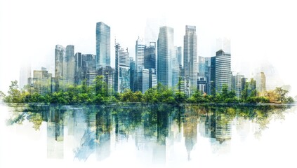 Modern Cityscape Reflection:  A Watercolor City Skyline Oasis