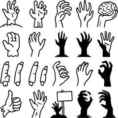 Fototapeta premium Collection of hand illustrations showing various poses and styles including zombie hands emerging from the ground and a brain held in a hand