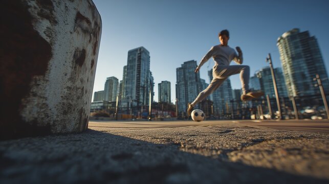 Urban Soccer Action Athlete Kicking Ball Against City Skyline