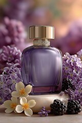 Elegant purple perfume bottle with golden cap, surrounded by lilacs, vanilla flowers, and blackberries. A romantic and luxurious fragrance composition