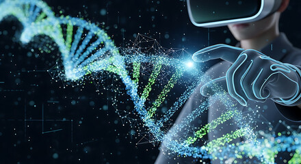 Person using VR headset interacts with a digital DNA strand, surrounded by glowing particles and connected lines.