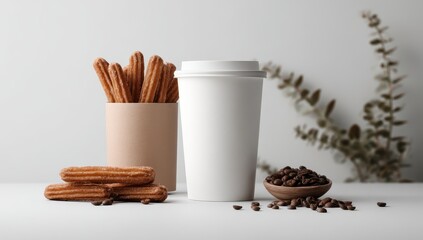 Coffee and churros on a white surface