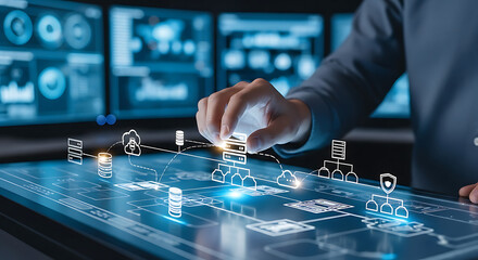 A person interacts with a holographic interface displaying a network of interconnected data visualizations, likely in a control room or server environment.