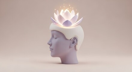 3 D render of a purple head with eyes closed and a glowing lotus flower on top plastic 3d background