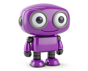 A purple toy robot standing upright with big eyes and a small smile on a white background surface