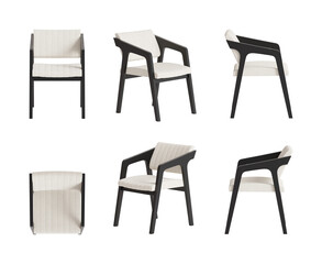 Set of six views of an armchair with black wooden legs and armrests, white boucle seat and back isolated on a transparent background. Front view, top view, two sides, and two perspectives. 3d render