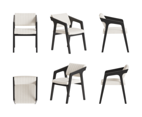 Set of six views of an armchair with black wooden legs and armrests, white boucle seat and back isolated on a transparent background. Front view, top view, two sides, and two perspectives. 3d render