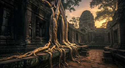 Obraz premium Ancient Temple Sunrise: Majestic Roots Embrace Stone