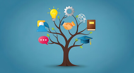 Knowledge tree blossoming with ideas, collaboration, education, and innovation.