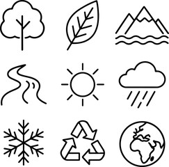 Collection of simple line art icons representing various elements of nature and environmental conservation including trees leaves mountains rivers sun rain snowflake recycling and planet earth