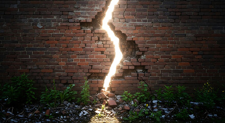 Sunlight streams through a large crack in an old brick wall.