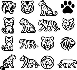 Collection of stylized black and white tiger icons featuring various poses and expressions including roaring sitting walking and a paw print
